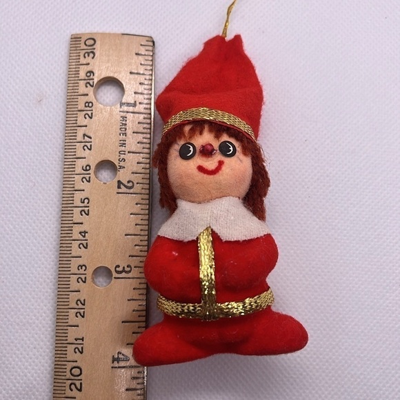 Vintage MCM Christmas Ornaments Flocked Felted Elf, Paper Mache Drummer Santa - Picture 4 of 16